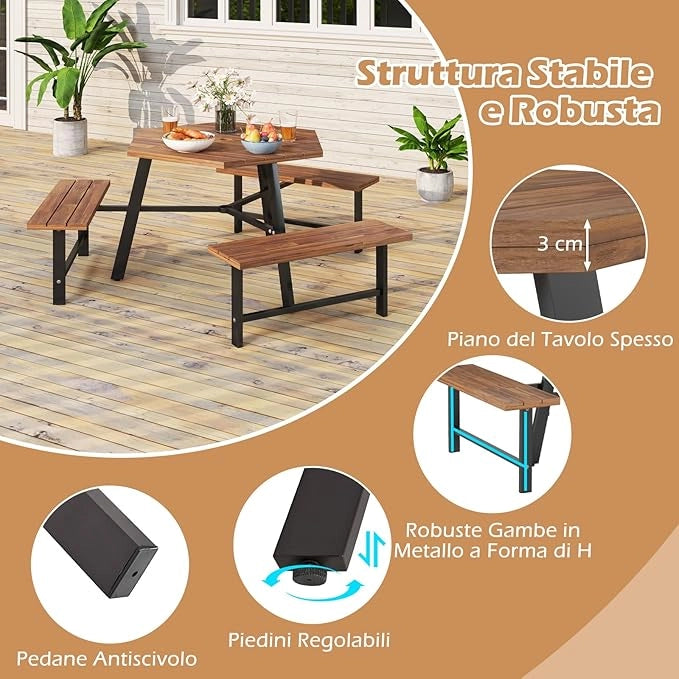 Set Tavolo con 3 Panche in Legno di Acaccia, con Foro per Ombrellone, Tavolo da Campeggio con Telaio in Metallo, Set Mobile da Picnic per Cortile Patio