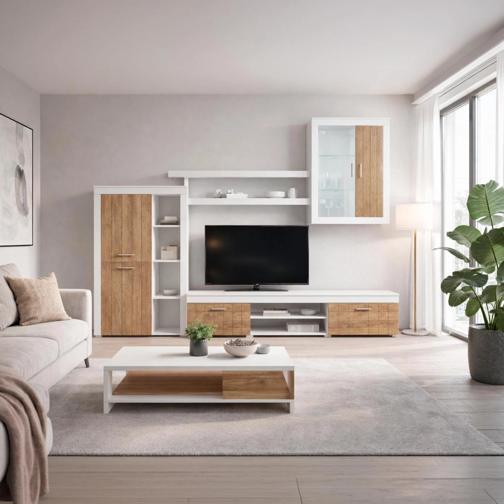 Parete Attrezzata Moderna Con Mobile TV Ante Vetrinetta Mensole E Vani A Giorno Moduli Sospesi Per Soggiorno Salotto 293 X 193 X 50 Cm Bianco E Noce