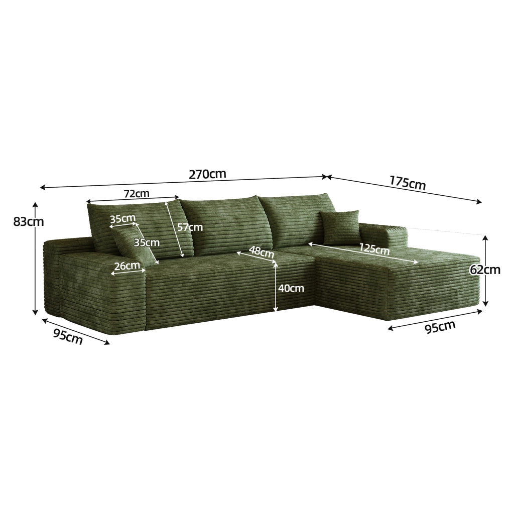 Divano angolare modulare senza montaggio con seduta profonda in tessuto a coste verde 270 × 175 × 83 cm