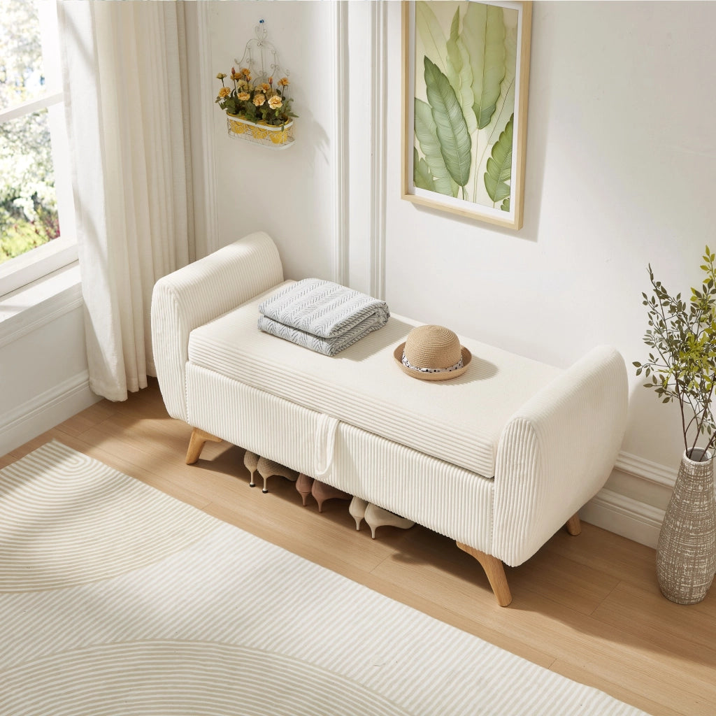 Panca contenitore pieghevole in velluto a coste con gambe in legno e vano interno, beige 145 × 51 × 57 cm