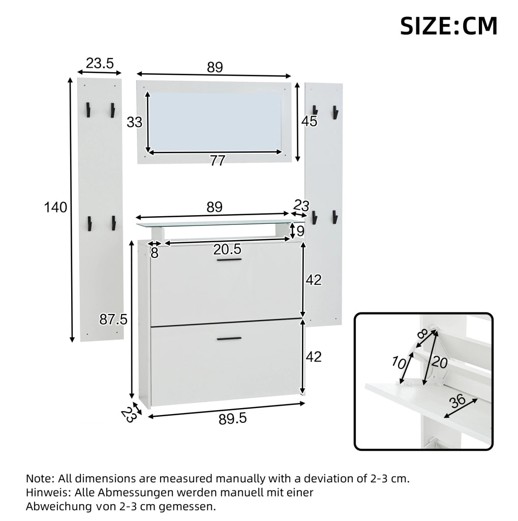 Set guardaroba da ingresso 4 pezzi bianco con scarpiera e specchio