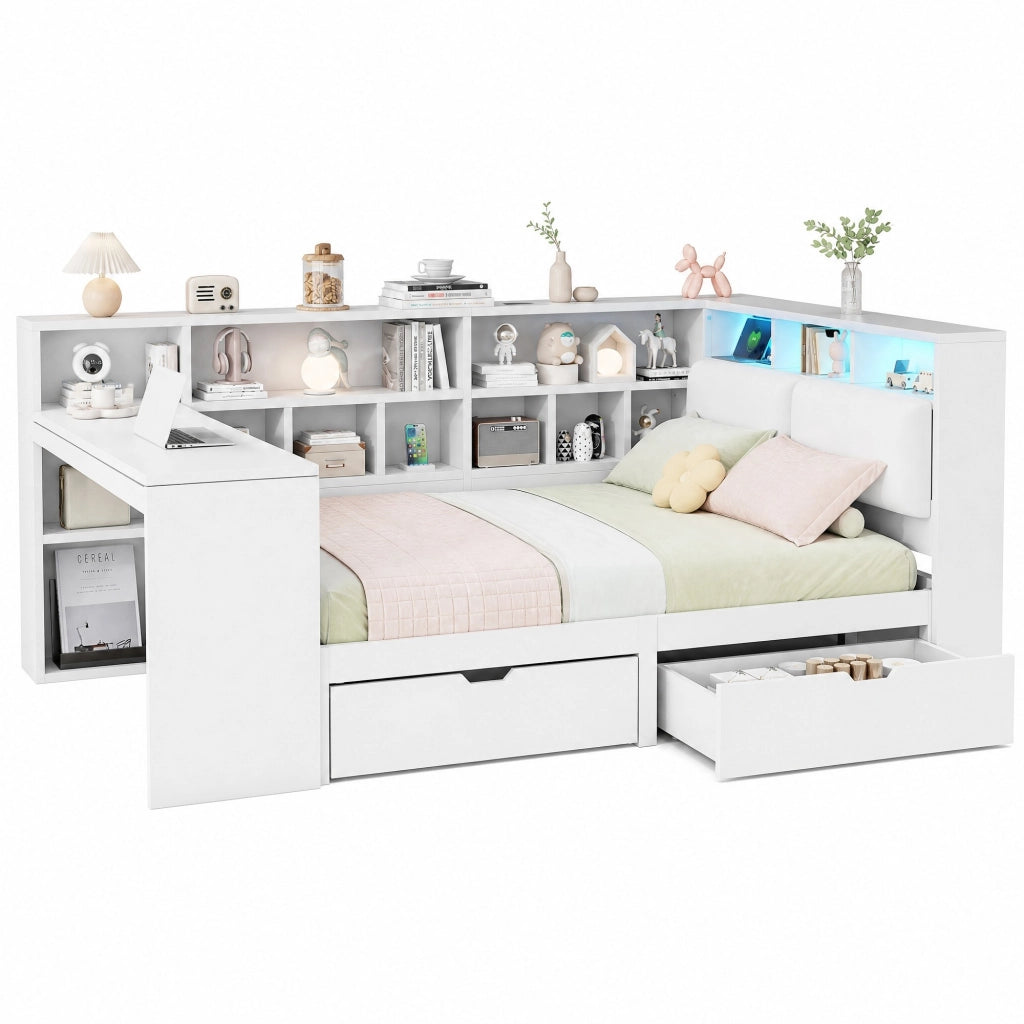 Letto a piattaforma a L 140x200 cm con scrivania; libreria; LED e USB; bianco