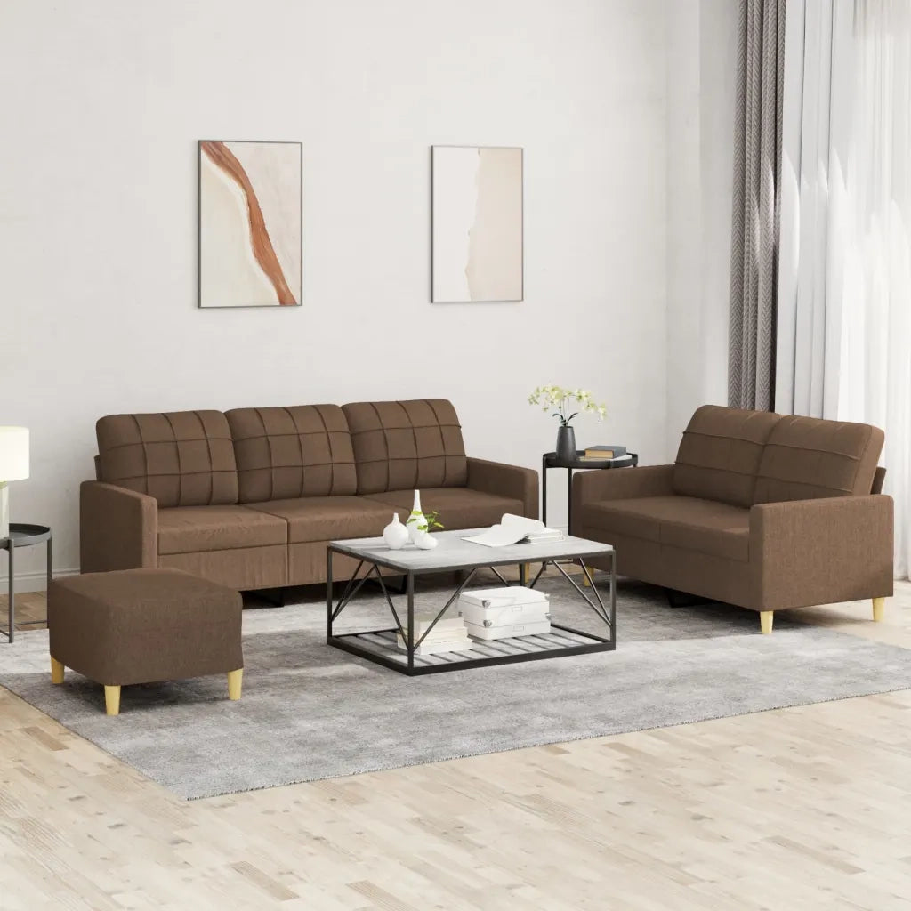 Set di Divani 3 pz con Cuscini Marrone in Tessuto