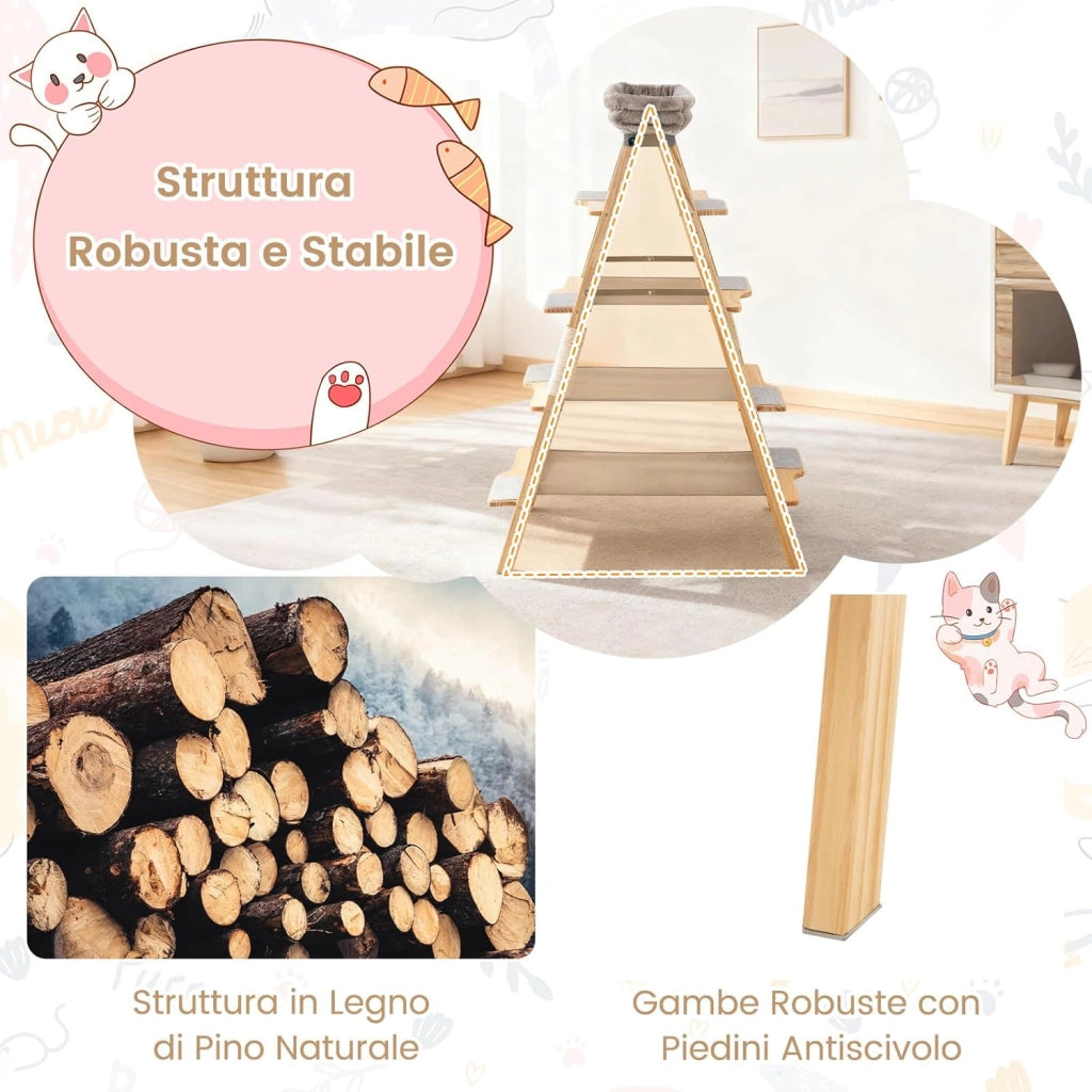 Albero per Gatti Alto 151cm, Tiragraffi per Gatti in Legno con Design a Scala, Cuscino Imbottito e Torretta Superiore, Palo Graffiatrice in Sisal, Mobile Salvaspazio per Gattini