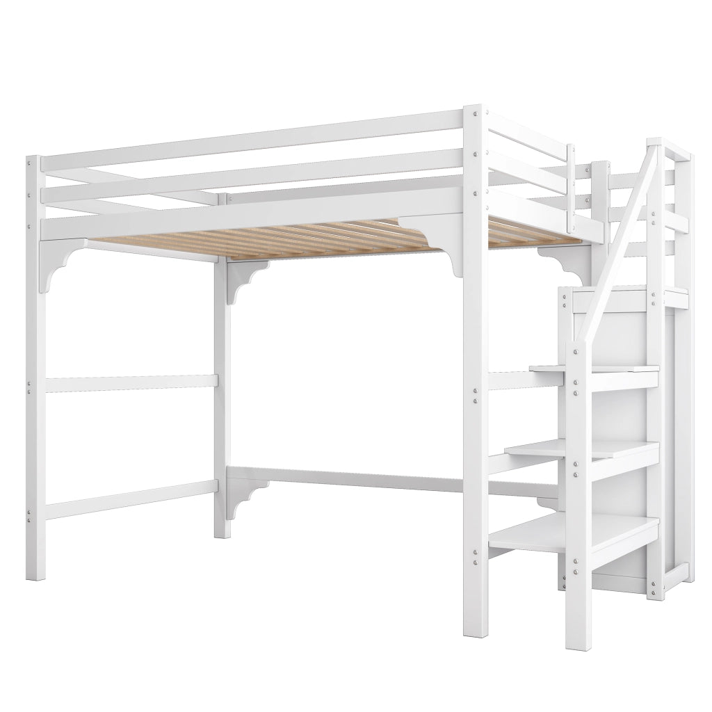 OKWISH Letto a Soppalco 140×200 cm, Letto Matrimoniale con Scala Contenitore e Armadio, senza Materasso, in Pino, Bianco