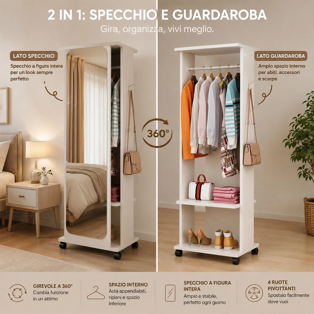 Guardaroba Girevole con Specchio e 4 Ruote Armadio Mobile 54x40x170 cm Bianco
