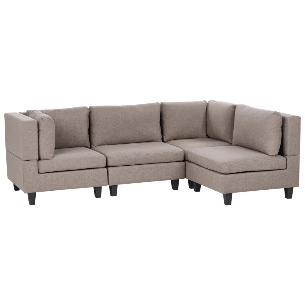 Divano componibile 4 posti imbottito in tessuto marrone gambe nere schienale  imbottito lato sinistro stile moderno
