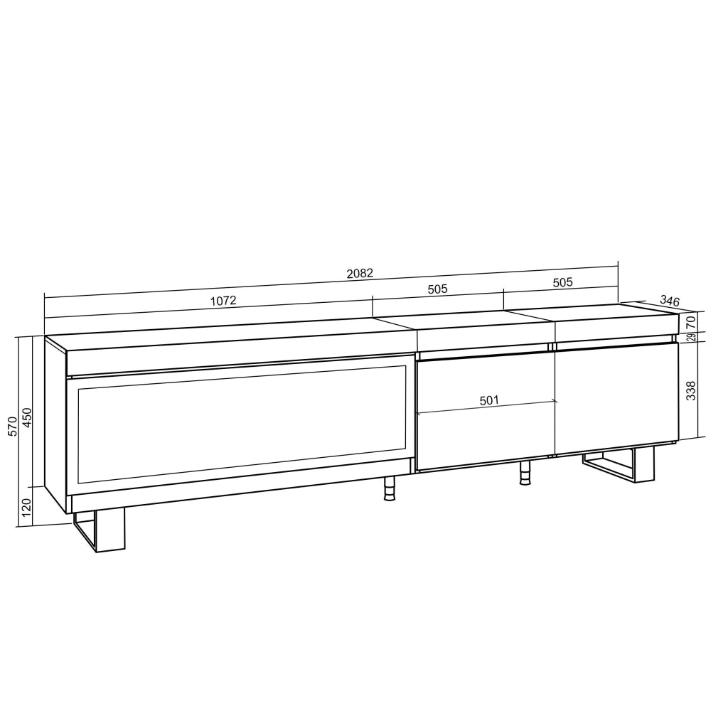 Mobile TV Soggiorno, 208x35x57cm, Per TV fino a 80", Camino elettrico XXL, Design industriale, colore Rovere e nero RF3267