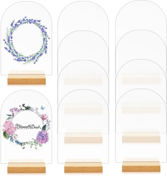 Decine di piatti acrilici curvi, supporto di legno per carta, piatto acrilico curvo vuoto con piede in legno, numeri di matrimonio in acrilico, piatto di matrimonio riciclabile per ristoranti, alberghi, conferenze, festival.