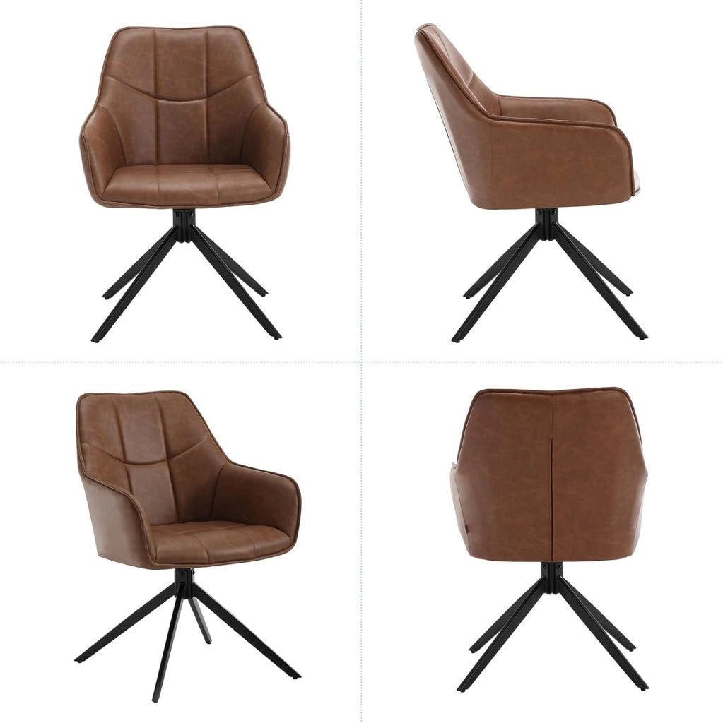 2 Pezzi Sedie da Pranzo con Braccioli, Poltroncina con Gambe in Metallo, Sedia da Cucina con Schienale e Seduta Girevole,per Salotto, Studio, in PU Vintage, Marrone Chiaro, EZS10hbr-2