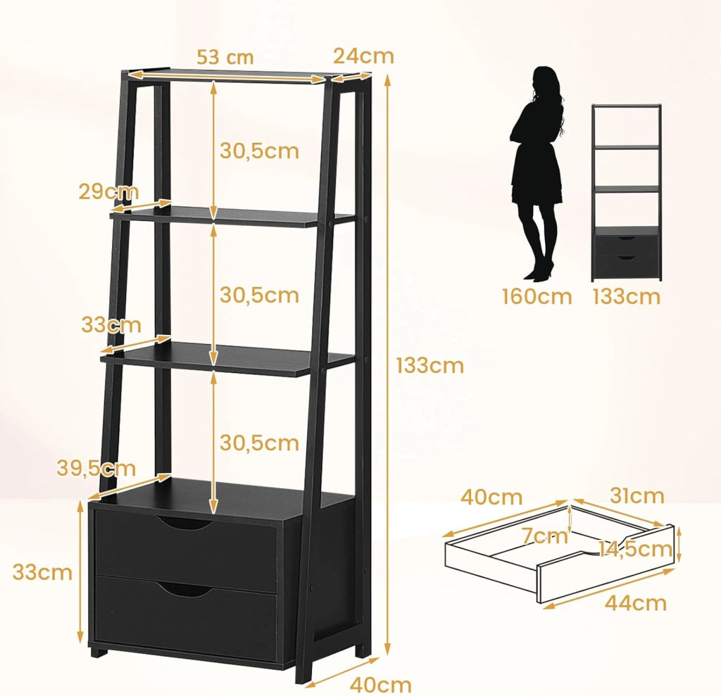 Scaffale a 3 Ripiani Stile Moderno, Libreria con Struttura con 2 Cassetti, Adatto per Soggiorno, Studio, Cucina, Camera da Letto e Ufficio, Nero, 52x40x133 cm
