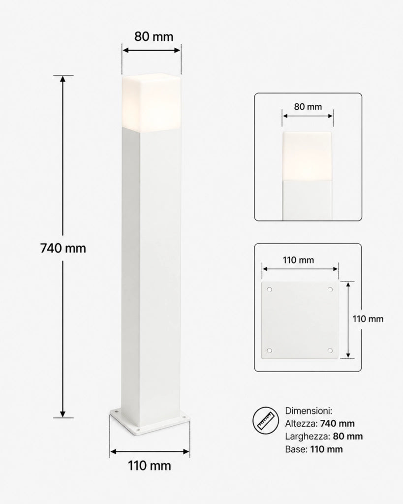 Lampioncino da Giardino E27 bianco 74 cm Paletto Luce Esterno Moderno per Vialetti e Ingressi Attacco E27 Alluminio Diffusore Opaco IP44