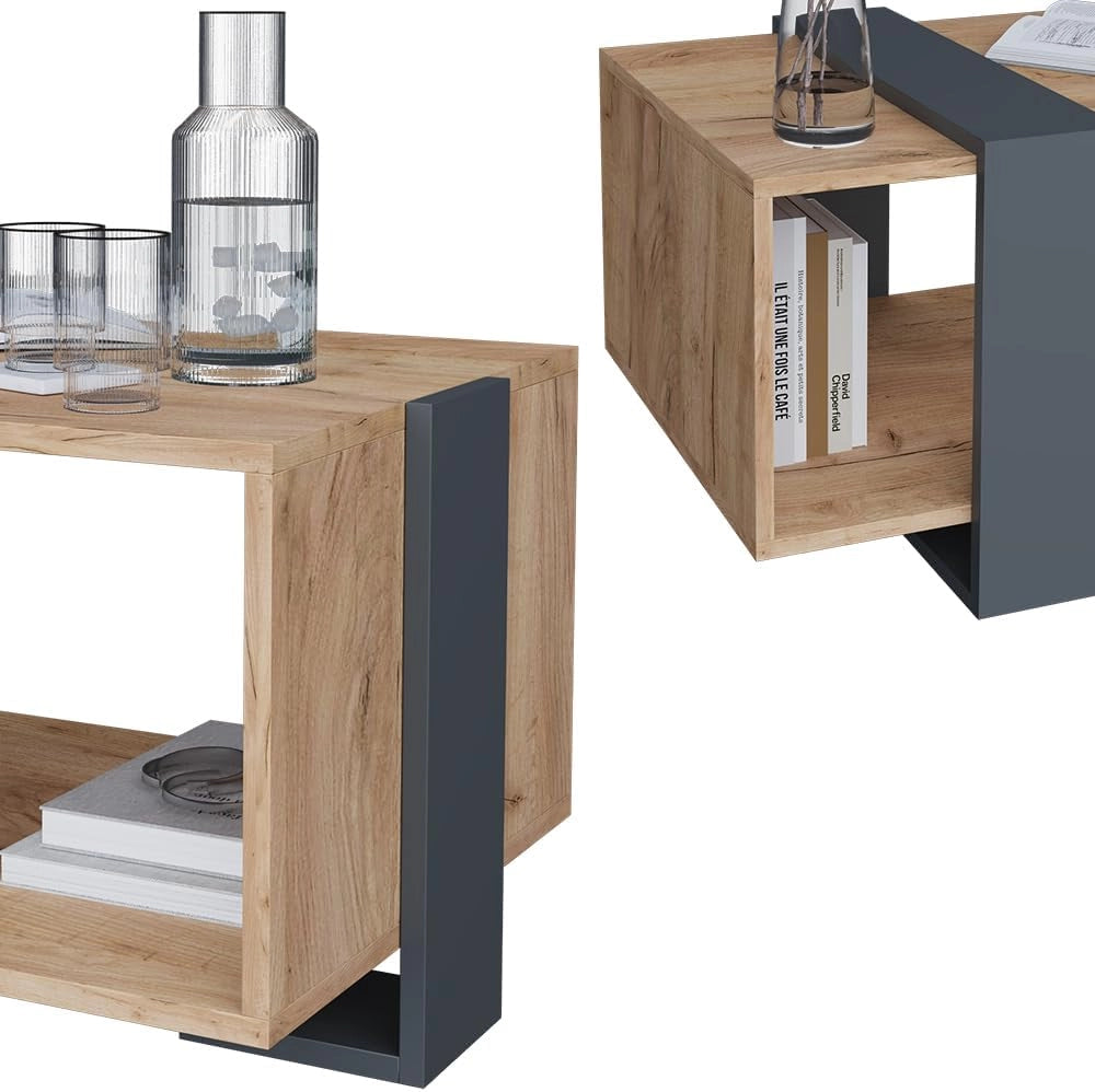 Tavolino Aven, Antracite/quercia dorata, 91.5 x 52 cm, con ripiano aggiuntivo per libri e riviste