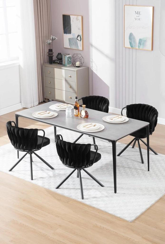 Sedia da Pranzo Girevole Set di 2, Poltrona Imbottita con Schienale Intrecciato e Gambe in Metallo, Sedia Scandinava, Velluto,Nero EZS72sz-2