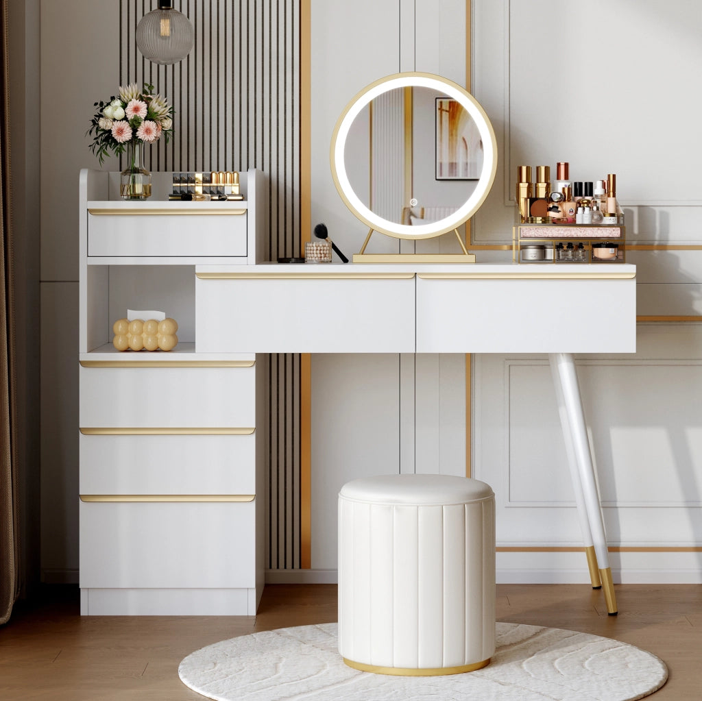 Toeletta bianca estensibile con specchio LED dimmerabile e 6 cassetti