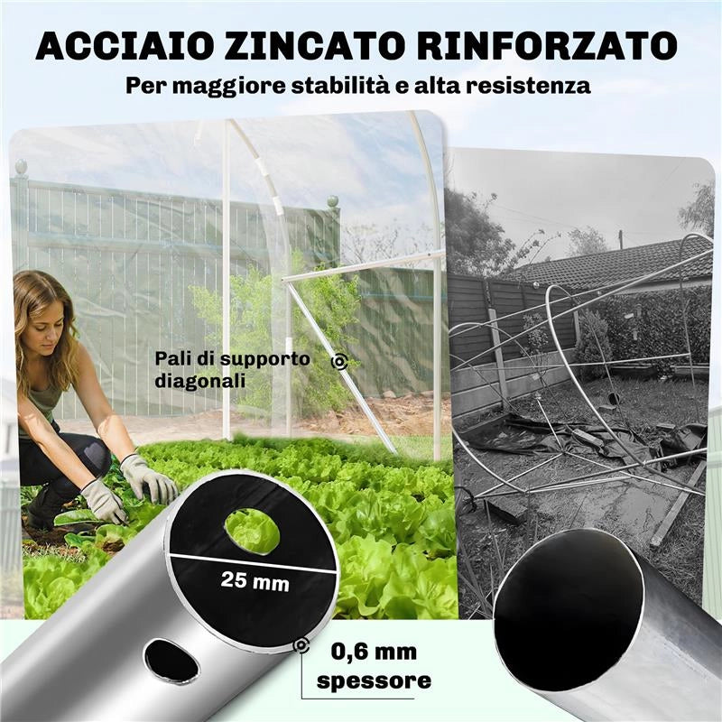 SERRA A TUNNEL 2X3X2 M CON PORTE AVVOLGIBILI, TELAIO IN ACCIAIO E COPERTURA IN PE ANTI-UV, TRASPARENTE