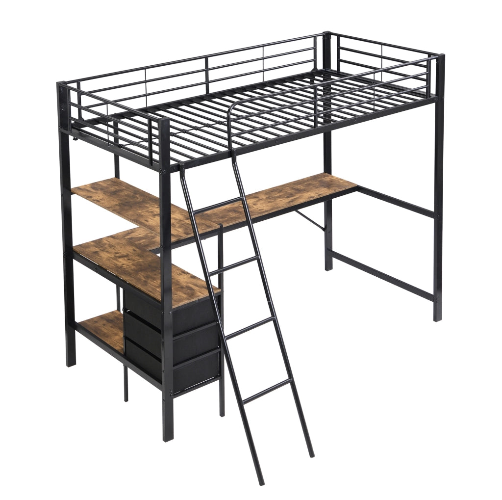 Letto a castello 90x200 cm nero e noce scuro, metallo e legno, con scrivania