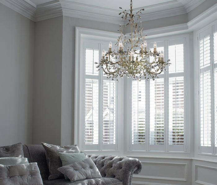 Lampadario Classico Almandita Acciaio Bianco Vetro Oro 12 Luci E14