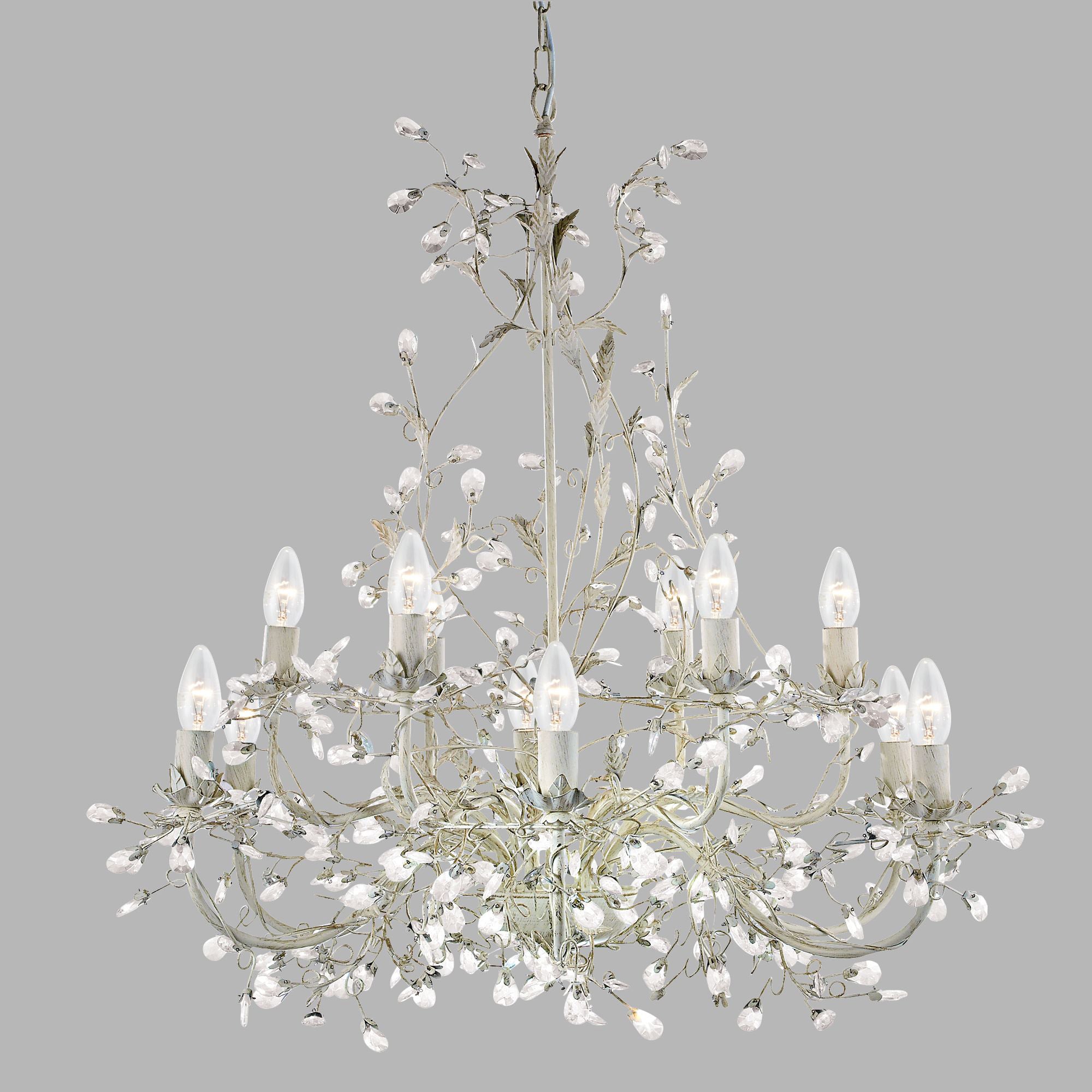 Lampadario Classico Almandita Acciaio Bianco Vetro Oro 12 Luci E14