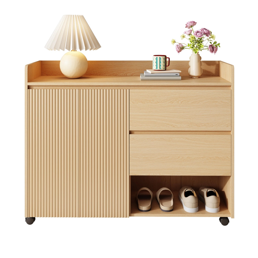 Scarpiera mobile in MDF naturale 110x35x86 cm con ruote frenanti e cassetti