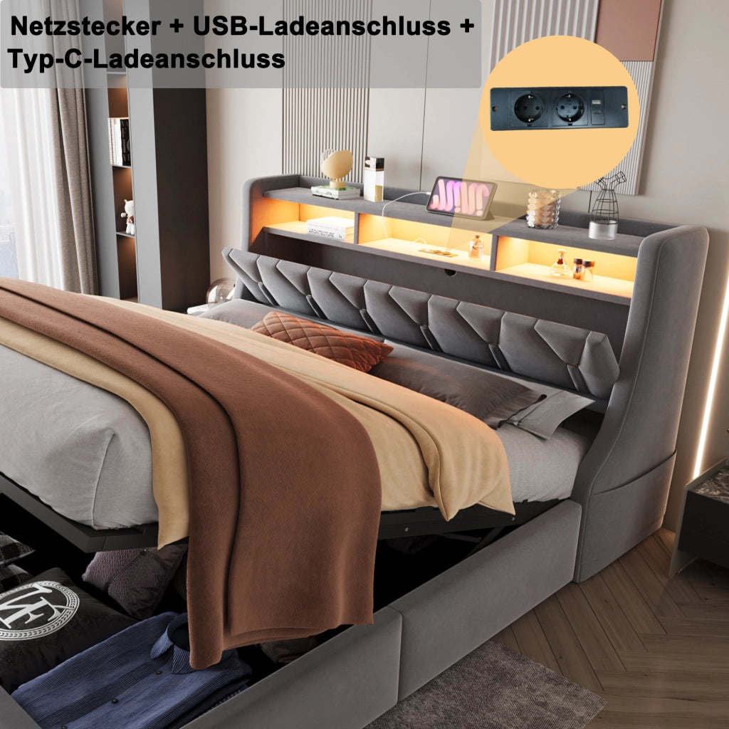 LETTO Contenitore 180x200 cm in velluto grigio con testiera reclinabile e LED