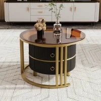 Tavolino 2-in-1 in MDF con Piano Lucido e Piano in Vetro Temperato Marrone, Combinazione Tavolino Soggiorno con 2 Cassetti, Nero