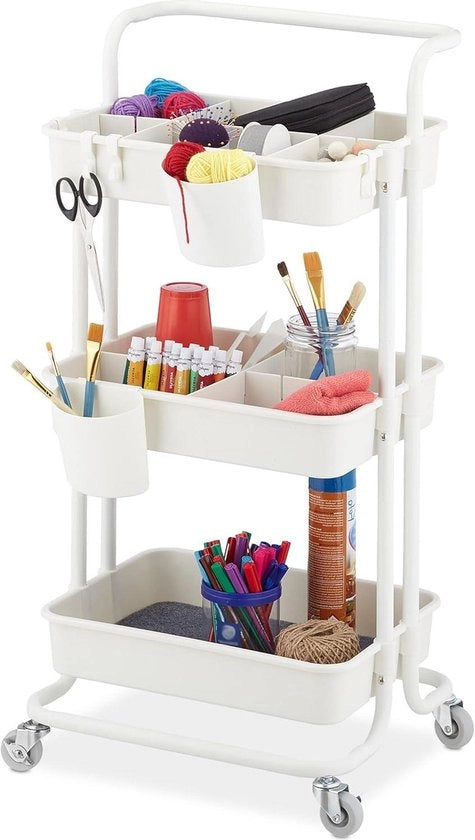 Trolley di archiviazione 3 livelli a ruote 2 per cucina ufficio 86 x 43 x 42 cm metallo e plastica bianco