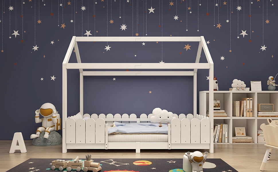 DESMIU Letto a casetta per bambini 90 × 200 cm 1 posto con barriera di sicurezza, senza materasso, in legno massello, bianco