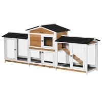 Gabbia per Piccoli Animali con Recinto Esterno Rampa Tetto in Asfalto Legno Abete Nero + Bianco + Naturale