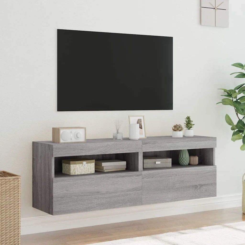 Mobili TV a Parete con Luci LED 2 pz-Credenza per TV sospesa Grigio Sonoma 60x30x40 cm