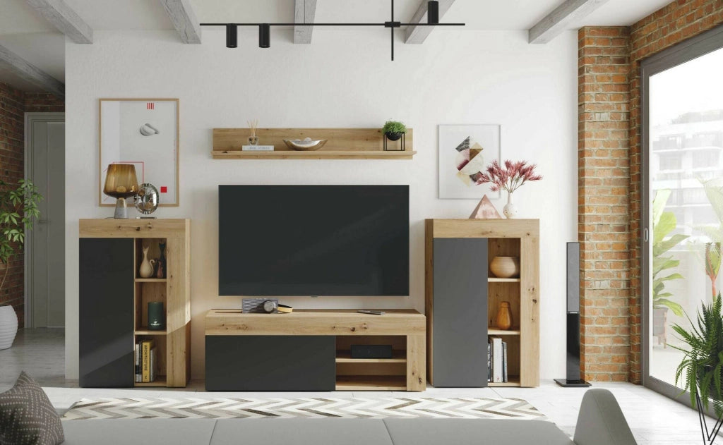 Parete attrezzata Atex, Set da soggiorno moderno, Mobile salotto multiuso, 260x41h102 cm, Rovere Nodi e Antracite
