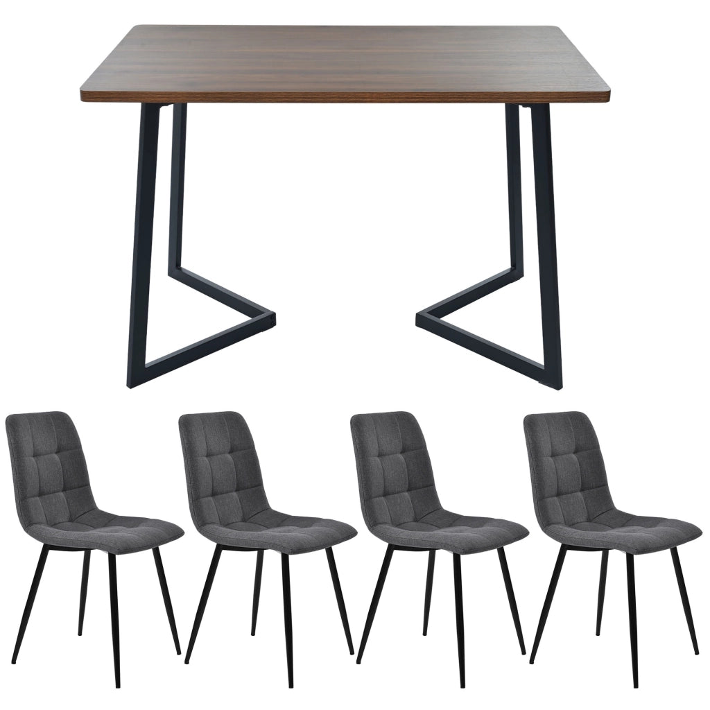 Tavolo da pranzo con 4 sedie in MDF colore noce e gambe in metallo nero per cucina e soggiorno