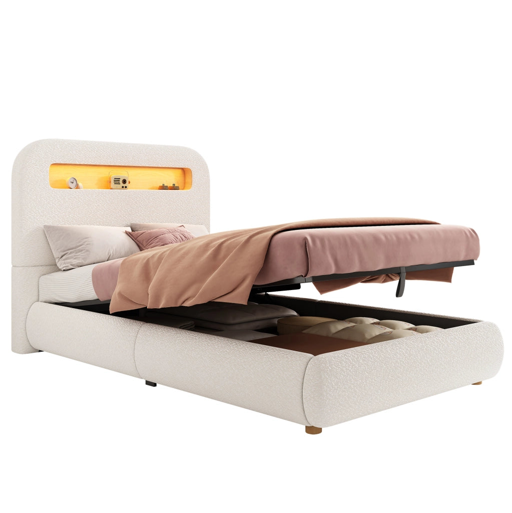 Letto imbottito con contenitore e LED in bouclé bianco