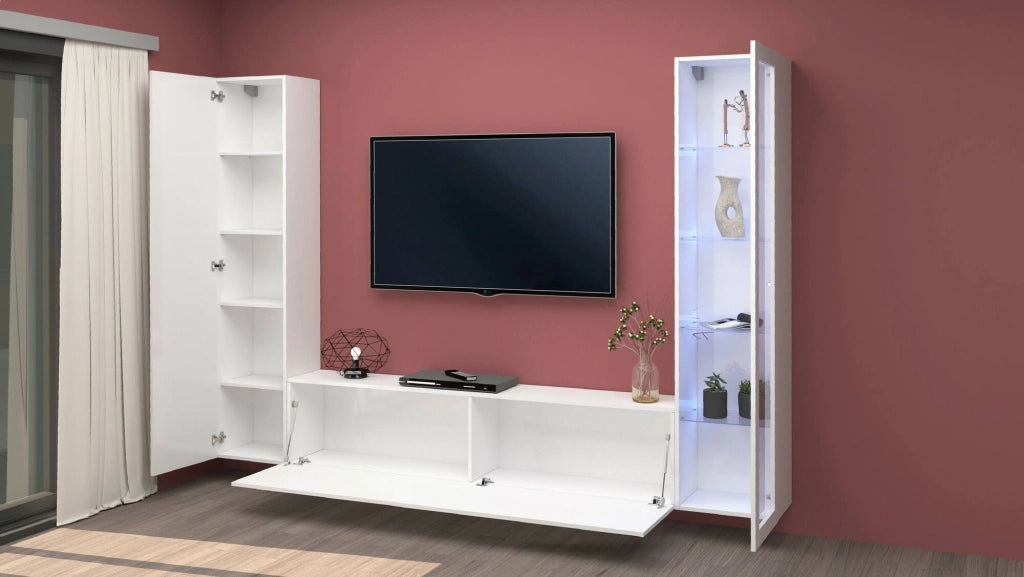 Mobile Soggiorno Felicina, Parete Attrezzata 9 Ripiani Made in Italy, 260x30x180h cm Bianco Lucido