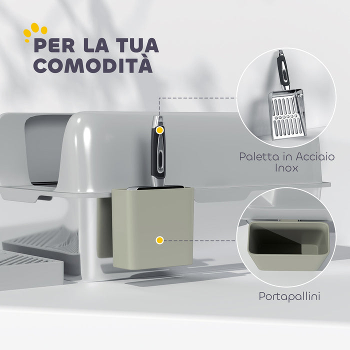 Lettiera per Gatti con Gradino 60,2x40,6x29 cm in Acciaio Inox e ABS Grigio Chiaro