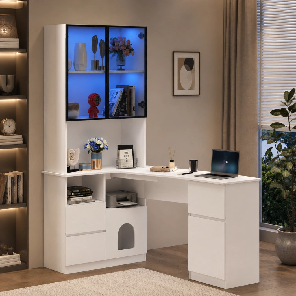 Scrivania ad angolo 120x80x180 cm con vetrina LED; in MDF bianco