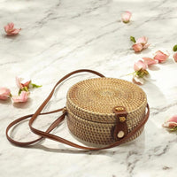 Borsa cm 20 x 7.5 tonda in rattan intrecciato con tracolla ecopelle set 12 pezzi