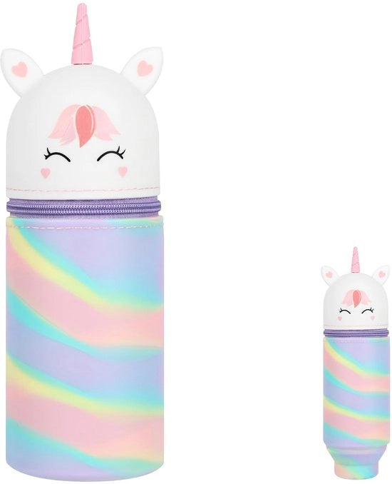 Etui 2-in-1 in silicone per bambini con pen holder e chiusura a raccordo con disegno di un unicorno