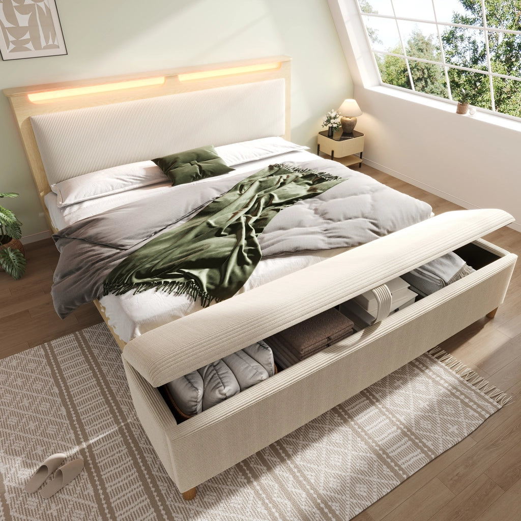 OKWISH Letto Contenitore 160×200 cm, Letto Matrimoniale con Panca, LED Regolabile, Testiera con Vano Portaoggetti e Mensole, senza Materasso