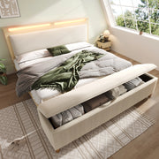 OKWISH Letto Contenitore 160×200 cm, Letto Matrimoniale con Panca, LED Regolabile, Testiera con Vano Portaoggetti e Mensole, senza Materasso