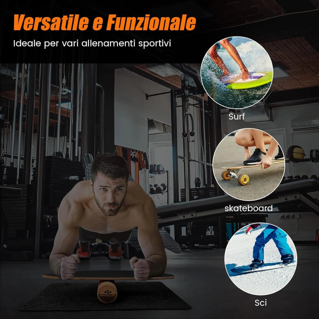 Balance Board in Legno, Tavola di Equilibrio con Rullo e Tappetino per Allenamento Skateboard Hockey Snowboard Surfing, per Esercizi Equilibrio e Tonificazione Core, Portata 227 kg (Nero)