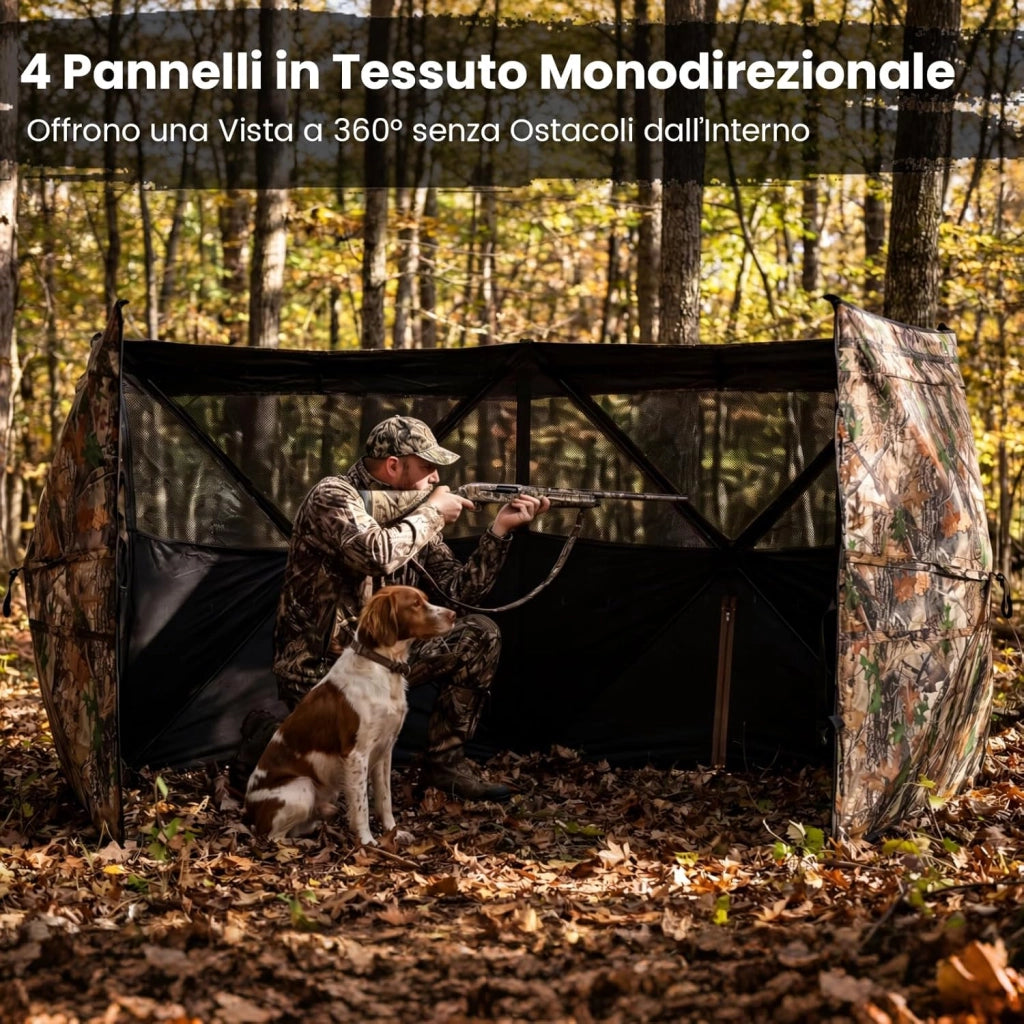 Barriera di Caccia Mimetico a 3 Lati Portatile 360°, Nascondiglio Pop-up 1-3 Persone con Porta per Cani, Tessuto Oxford con Borsa Trasporto, per Fotografia Naturale e Caccia