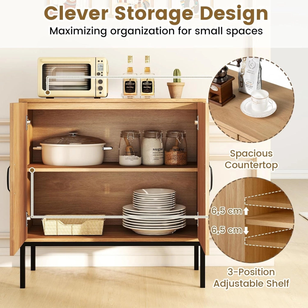 Credenza a buffet da cucina con 2 ante decorate in rattan, mensola regolabile in 3 posizioni, kit antiribaltamento, 80 x 38 x 81 cm, mobile per sala da pranzo, soggiorno (naturale)
