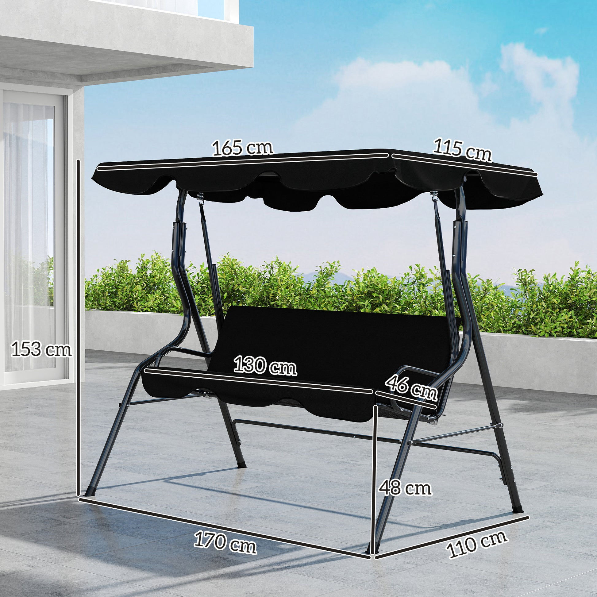 Dondolo 3 Posti 170x110x153 cm con Tettuccio Regolabile e Cuscini in Acciaio e Poliestere Nero