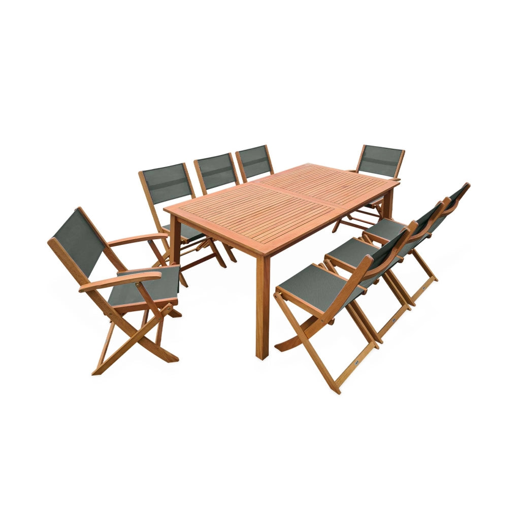 Set tavolo da giardino rettangolare allungabile in legno con 8 sedie,