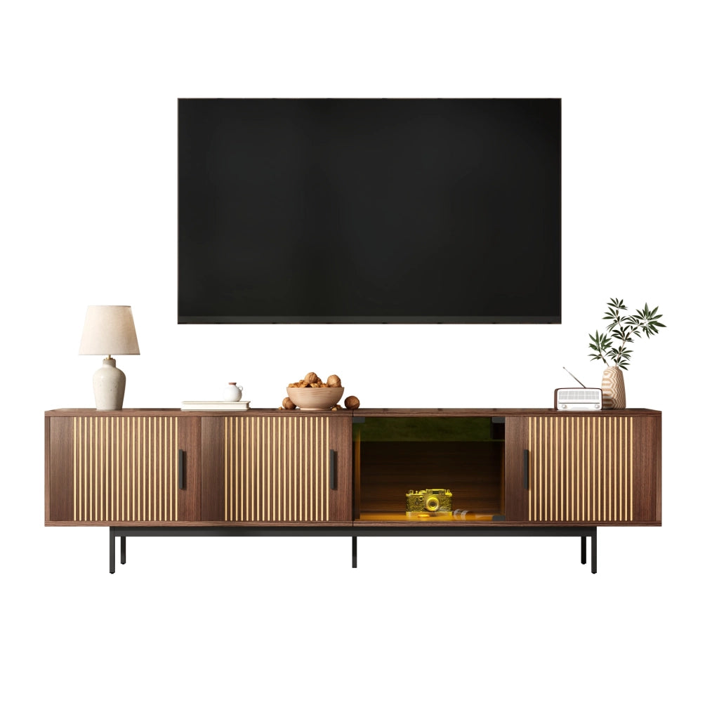 Mobile TV con texture intagliata, barra LED e anta in vetro temperato
