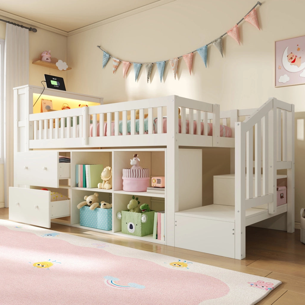 Letto rialzato per bambini 90x200 cm con cassetti; vani portaoggetti; scala contenitore e LED; bianco