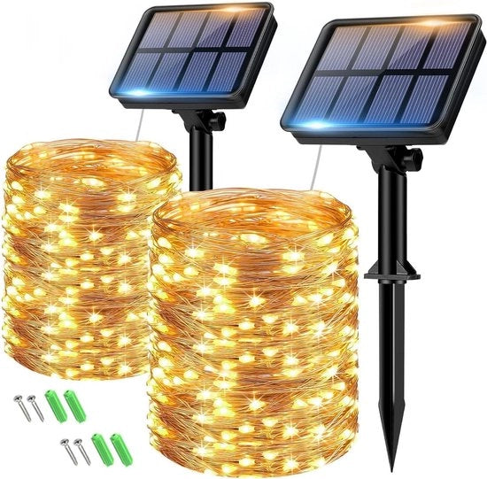 Fascia di luce alimentata da energia solare per esterni 2 x 15 m 150 filamenti di luce catena di luce resistente alle intemperie 8 modalità IP65 impermeabile a acqua filamento di luce in rame per esterni per giardino terrazza