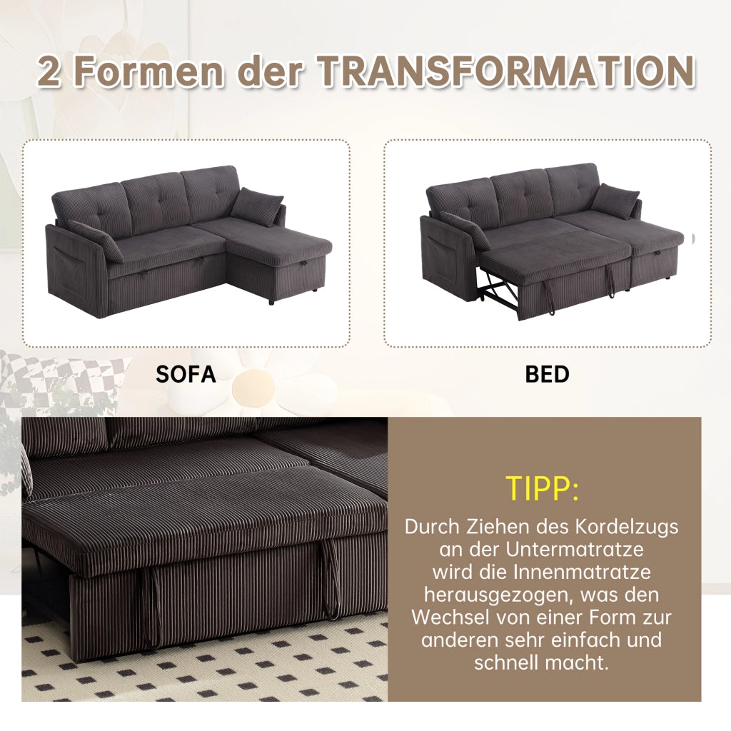 Divano letto angolare modulare con contenitore e chaise longue reversibile in velluto a coste grigio scuro