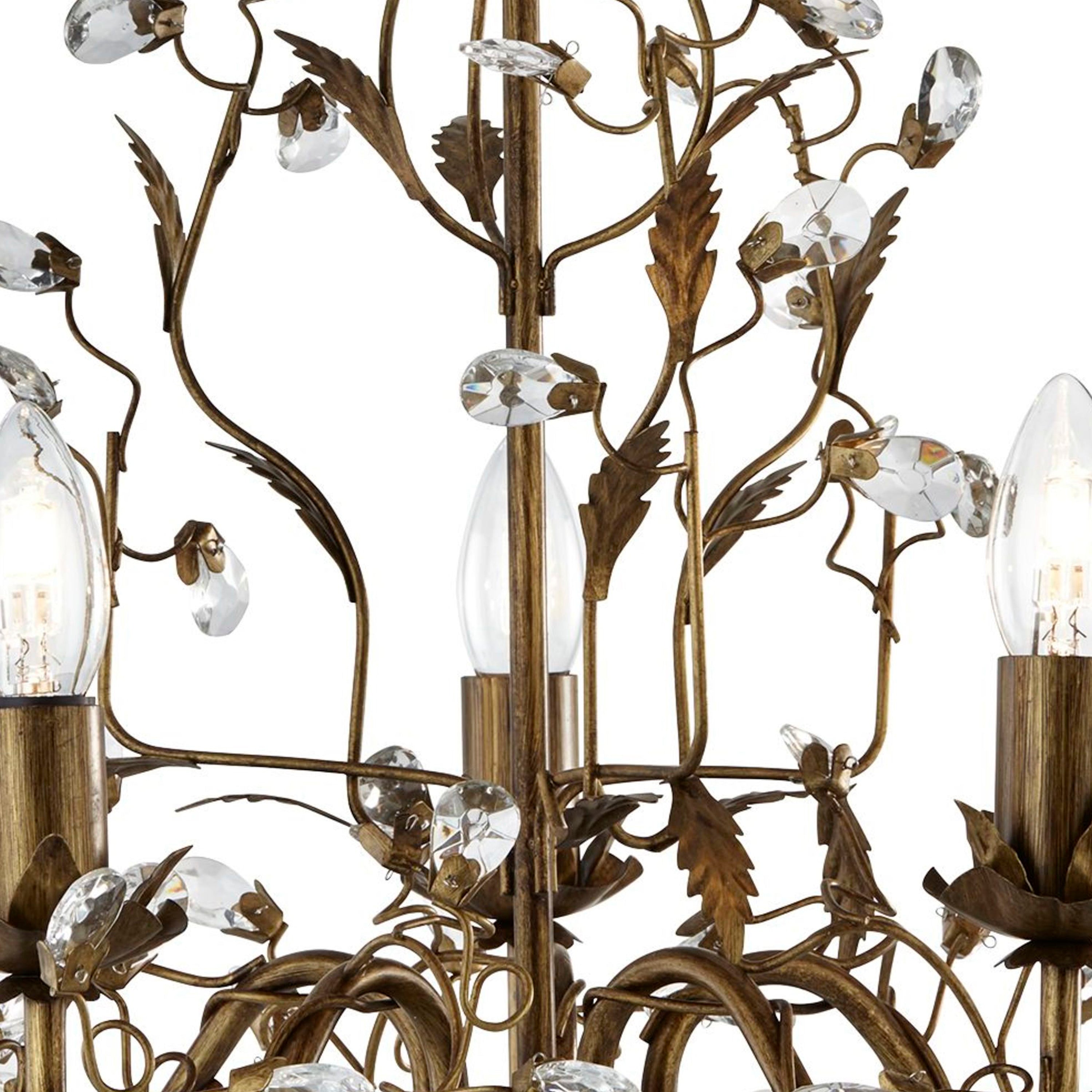 Lampadario Classico Almandita Acciaio Marrone Vetro Oro 5 Luci E14